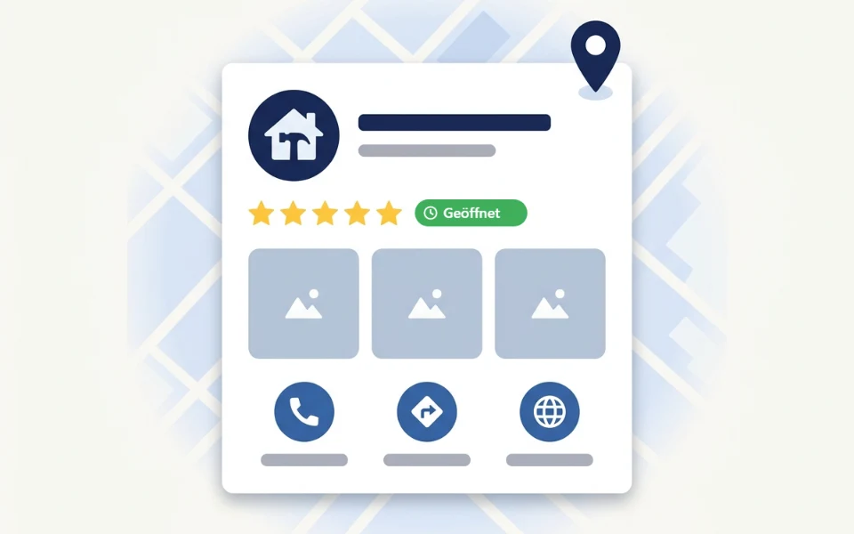 Illustration: Google-Unternehmensprofil mit Sternen, „Geöffnet“-Hinweis, Fotos und Buttons für Anruf, Route und Website