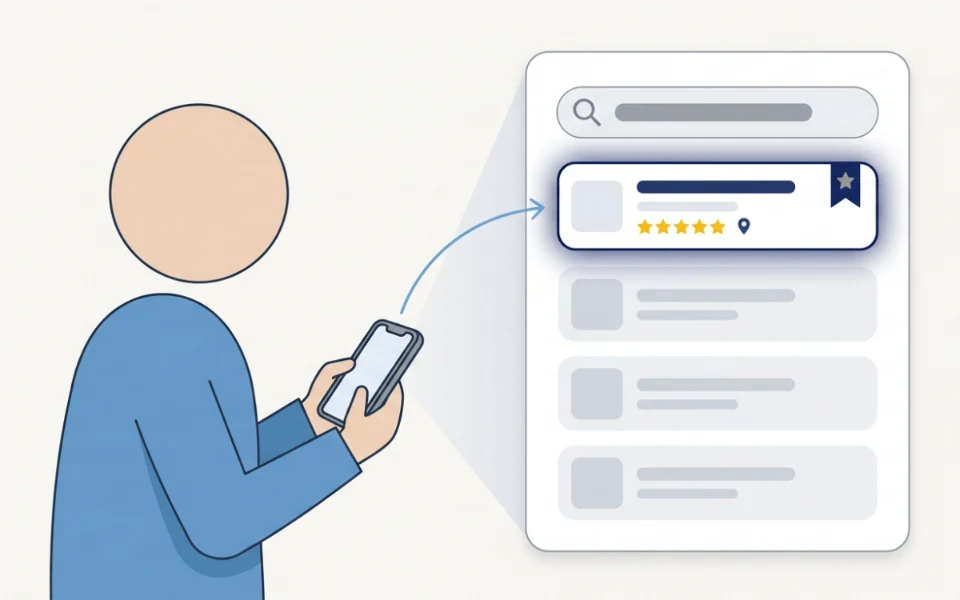 Illustration: Eine Person sucht am Handy, in den Suchergebnissen steht ein Betrieb ganz oben und hervorgehoben