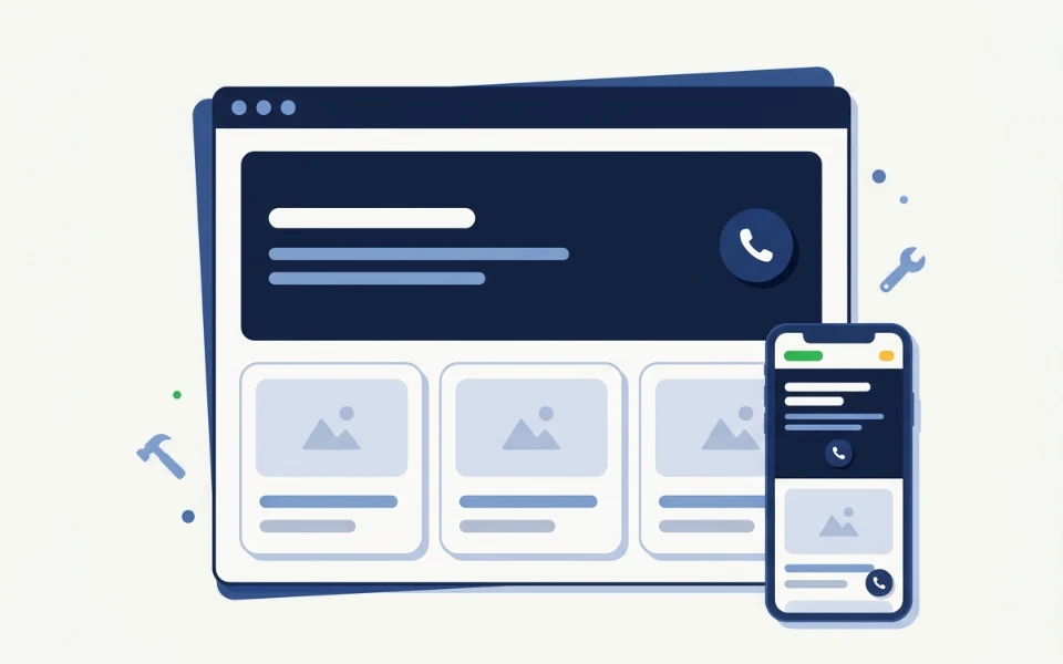 Illustration: Browserfenster mit einer fertigen Handwerker-Website, davor ein Smartphone mit derselben Seite