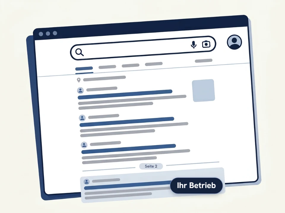 Illustration einer Suchergebnisseite: Drei Treffer stehen oben, Ihr Betrieb steht ganz unten hinter Seite 2.